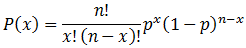 Probability of x equals n primed over x primed times ( n minus x ) primed all multiplied by p to the power of x times ( 1 minus p ) to the power of n minus x