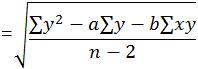 = the square root of all of the following:  the sum of y squared minus a times the sum of y minus b times the sum of xy, all divided by n minus 2.