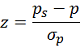 Sample proportion minus population proportion, all divided by standard error for proportion.